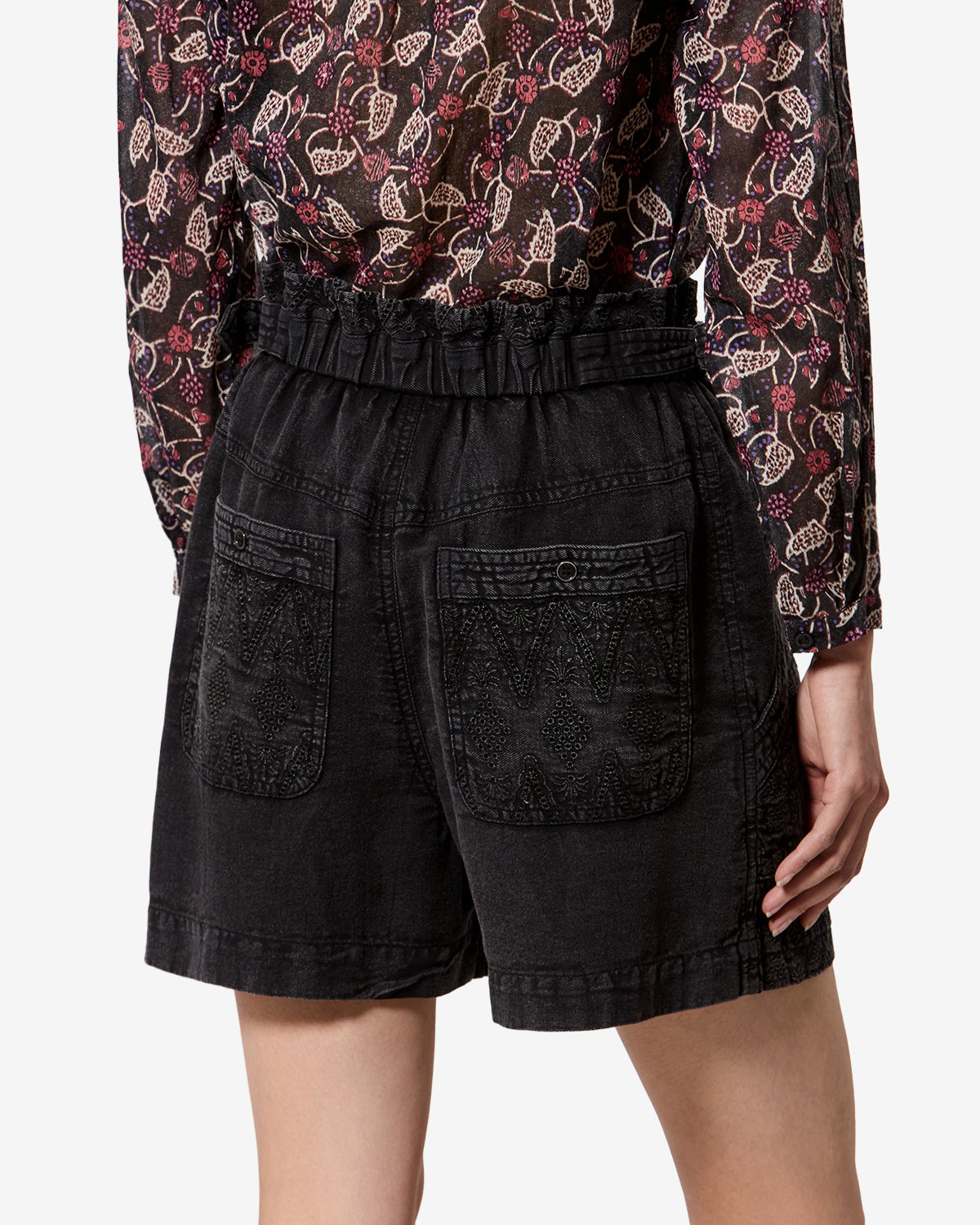 Isabel Marant Kisha short coton noir délavé broderie