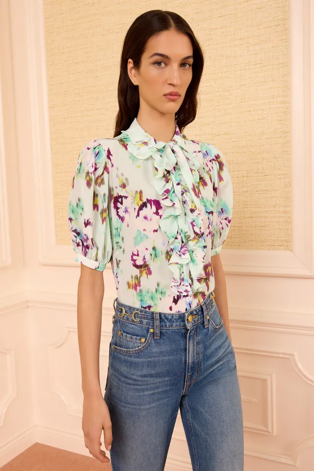 Ulla Johnson Camellia top soie Oasis vert manches courtes