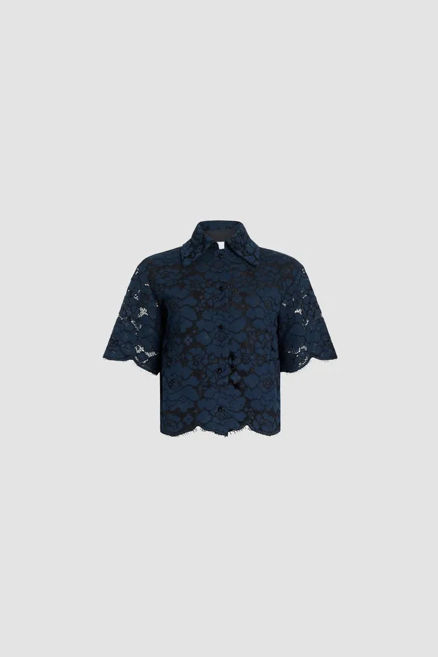 Patou BL056 chemise coton bleu marine brodée manches