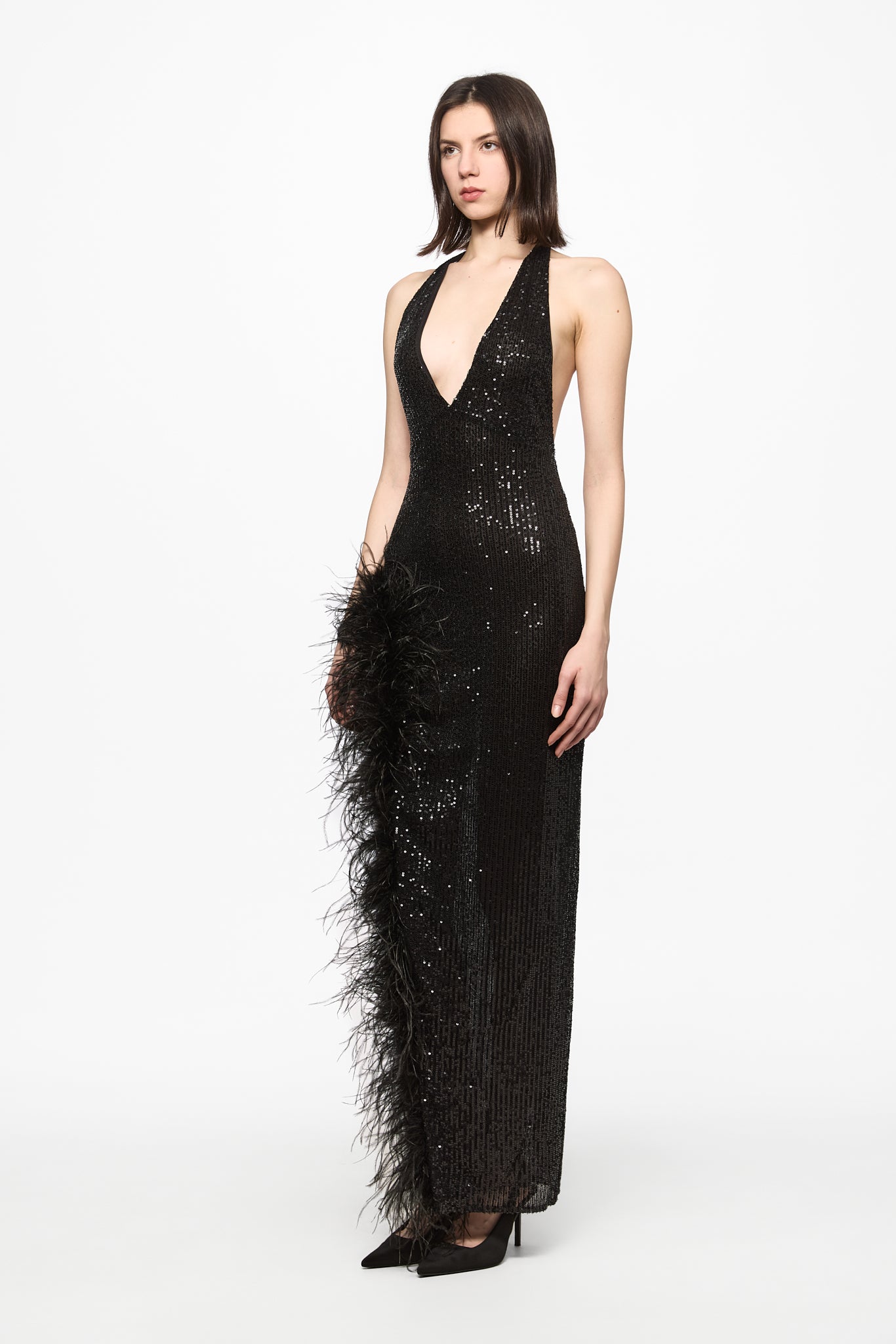 ATU Body Couture Feather-trim robe maxi sequins plumes noir