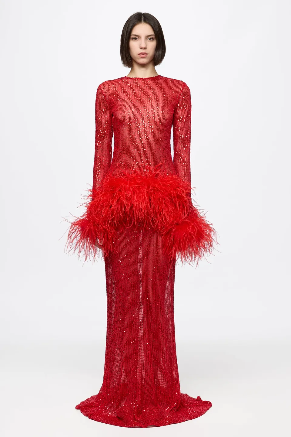 ATU Body Couture High Neck Sequin robe plumes rouge taille S