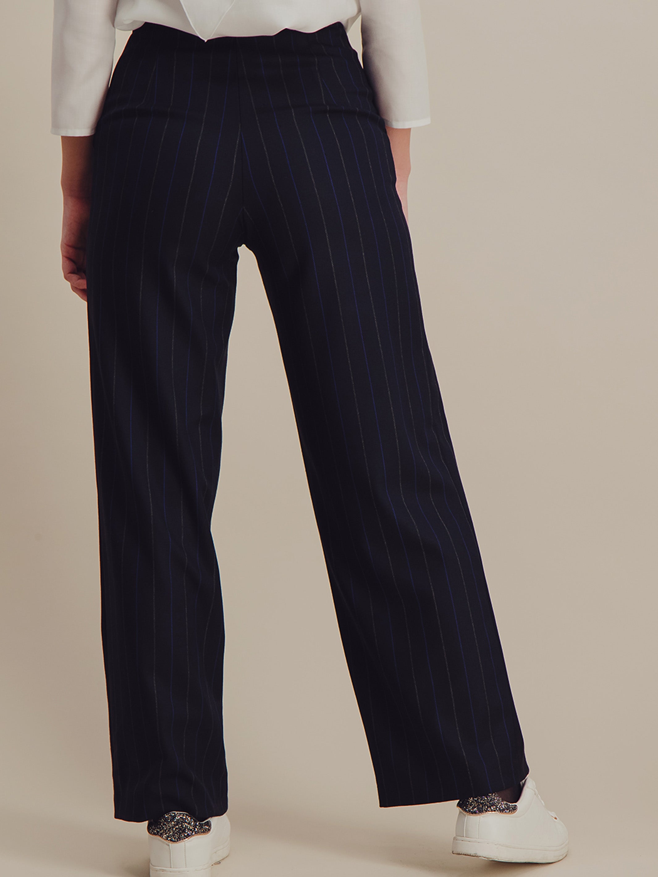 Anahide Saint André Bora pantalon tailleur laine rayé bleu