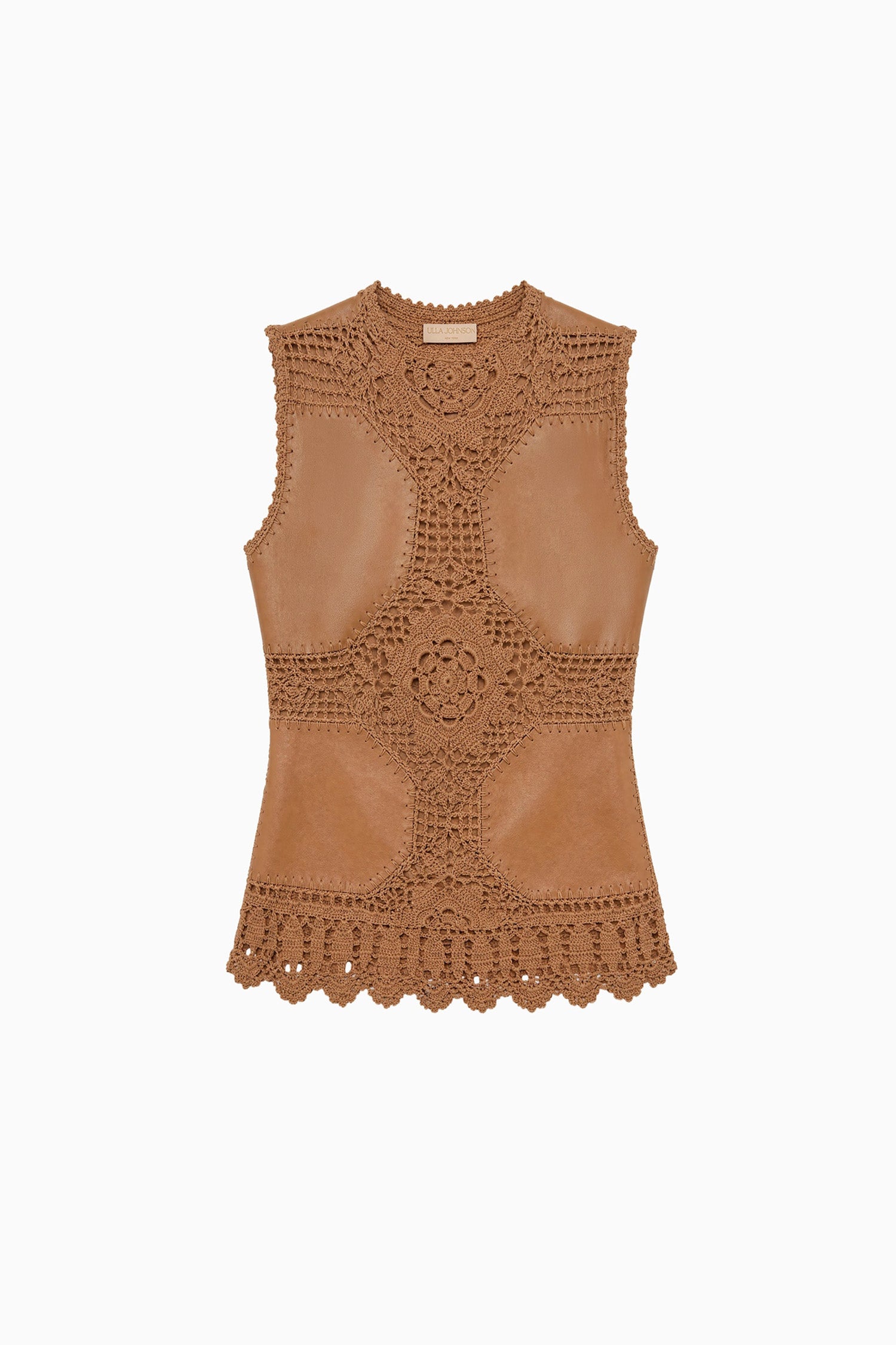 Ulla Johnson Livia FA260726 top crochet cuir Camel sans manches