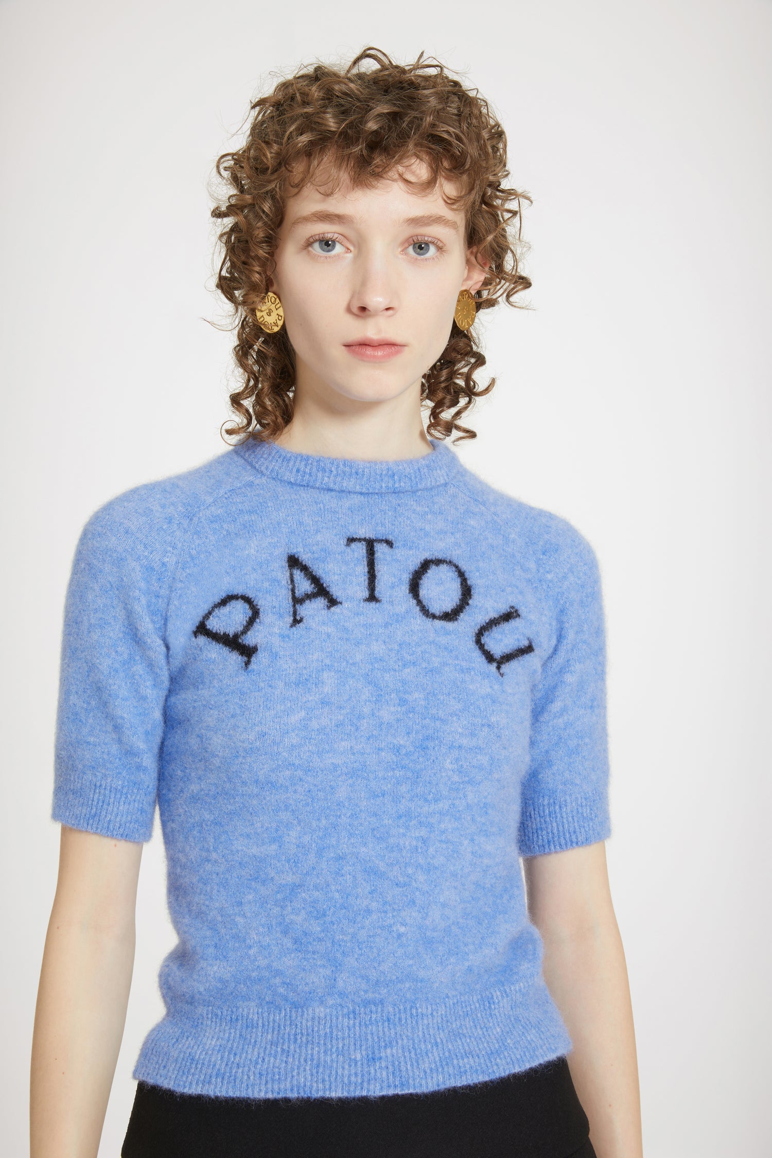 Patou H23KN1498065632B top alpaga bleu jacquard manches courtes