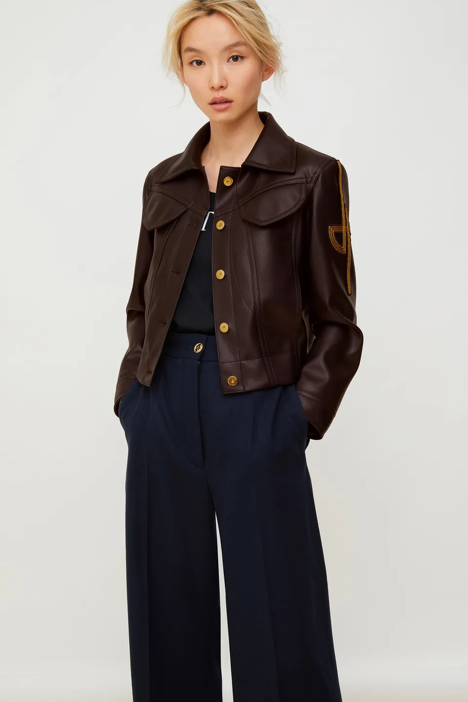 Patou OU0010018801B veste simili cuir noir Havana
