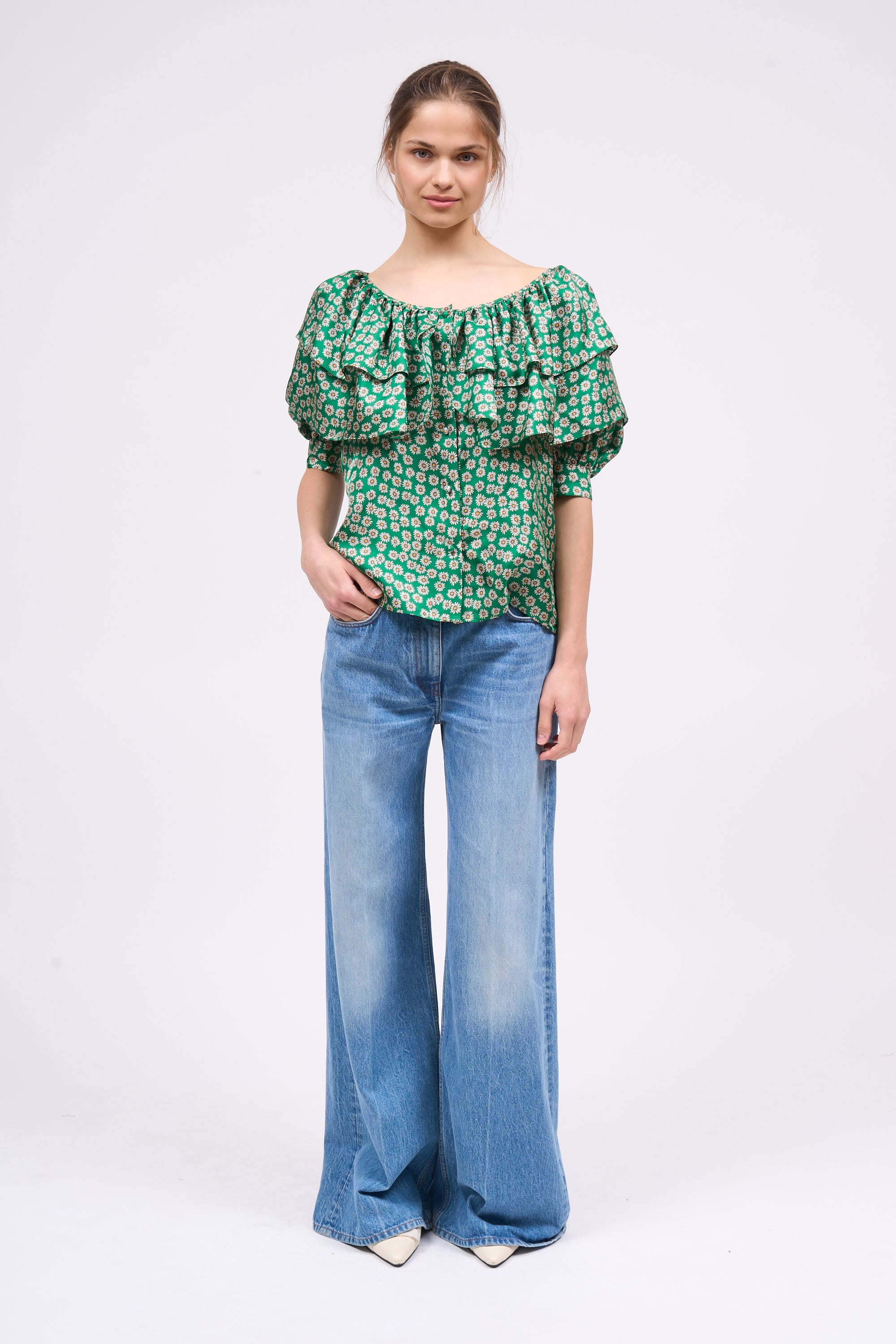 Paul & Joe Daniello blouse soie imprimé marguerite vert