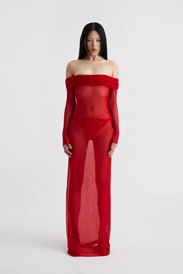 ATU Body Couture Tangled Sheer robe longue tulle rouge tressée