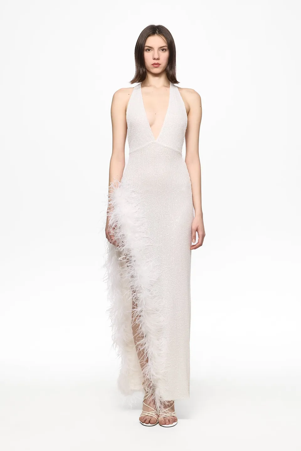 ATU Body Couture Sequins Feathers robe sequins blanche taille S