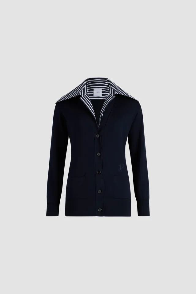 Patou Knitwear cardigan coton col popeline bleu marine XS