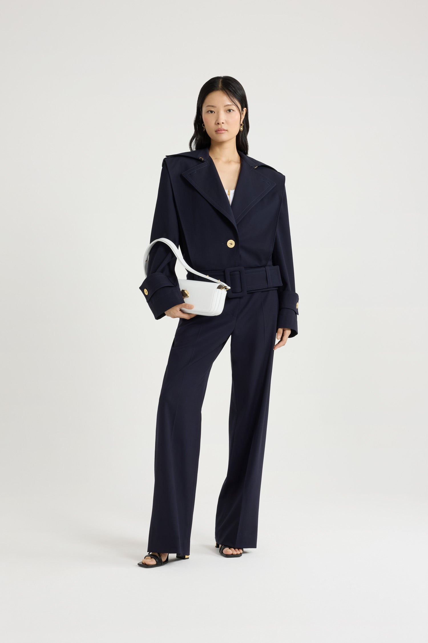 Patou OU033 veste ceinturée laine technique Navy Black