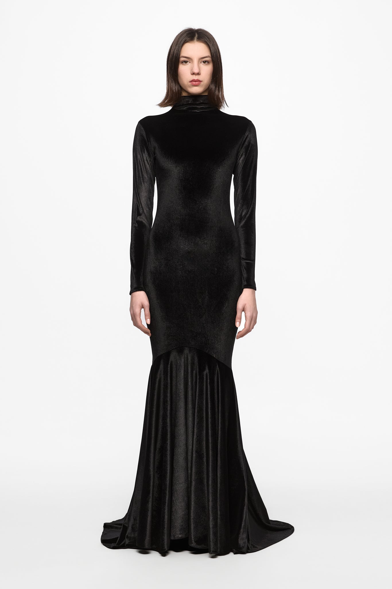 ATU Body Couture Long High neck black velvet gown robe noire