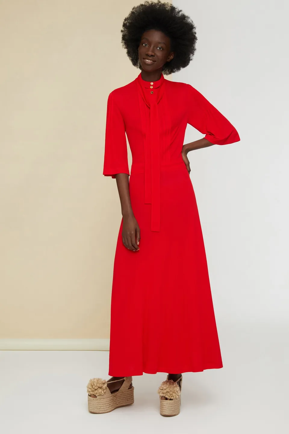 Patou DR055 robe midi rouge coquelicot jersey plissée