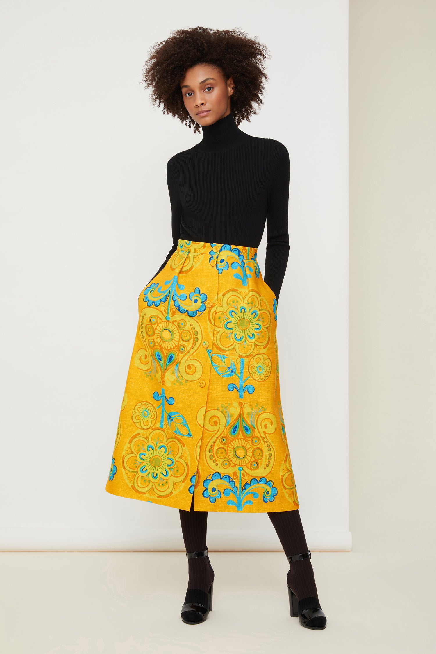 Patou SK020 jupe midi tweed bio Honey Flower boutonnée