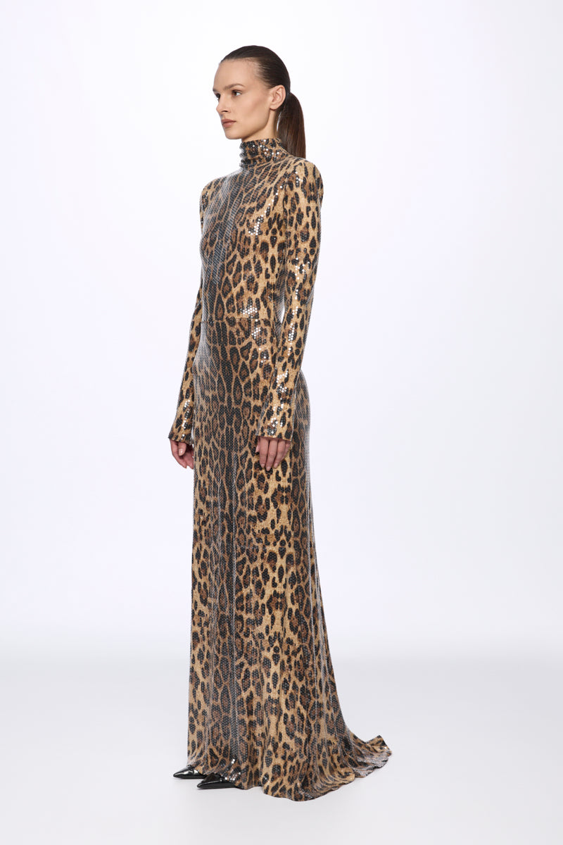 ATU Body Couture Long robe léopard sequins col montant taille S