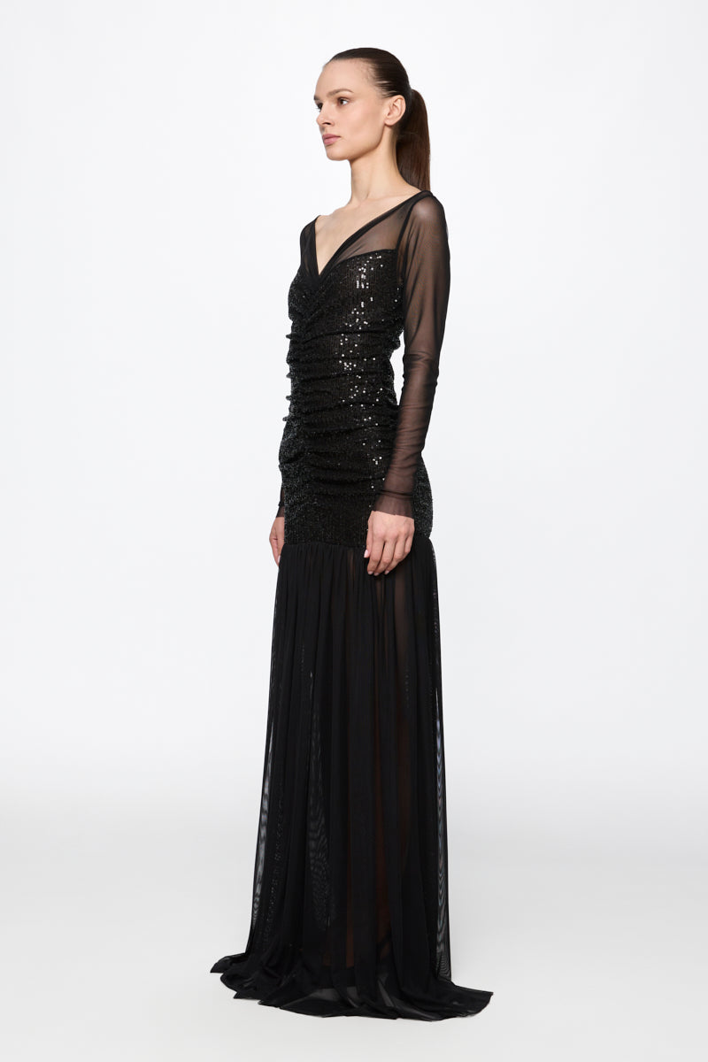 ATU Body Couture Sequins and Feathers Ruched Tulle Gown robe noire S