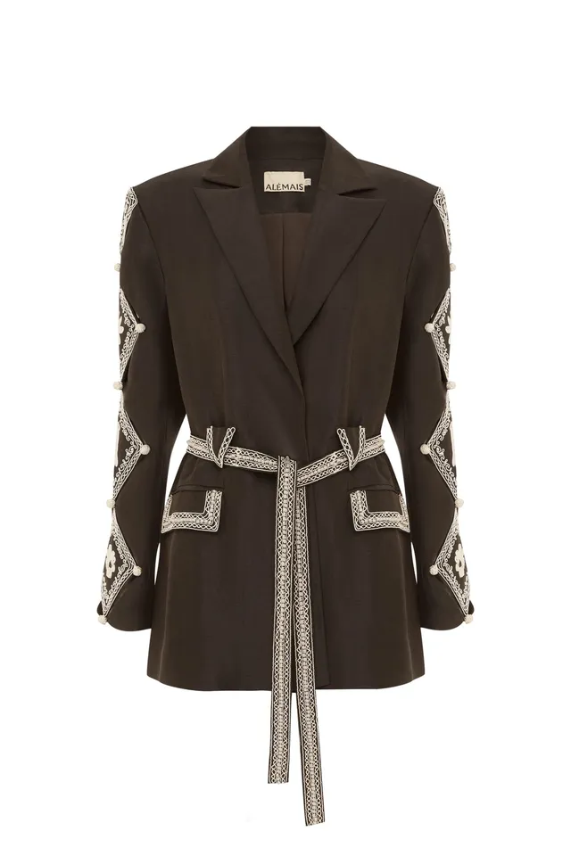Alemais Leandra Corded Blazer lin soie taille 10 brodé