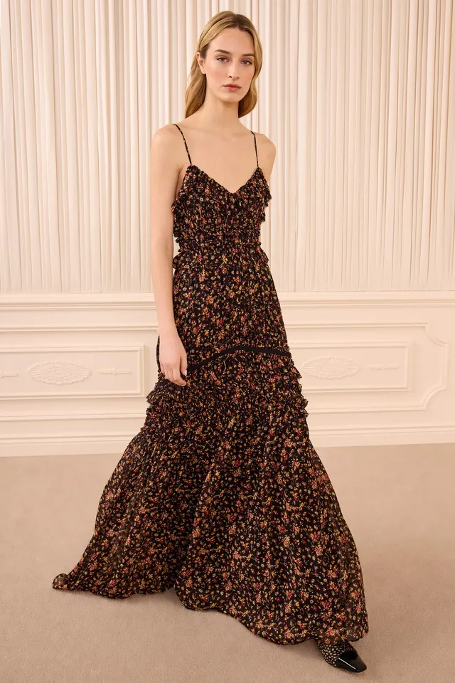 Ulla Johnson Dorothea Robe Longue Soie Noir Mille Fleur Volants