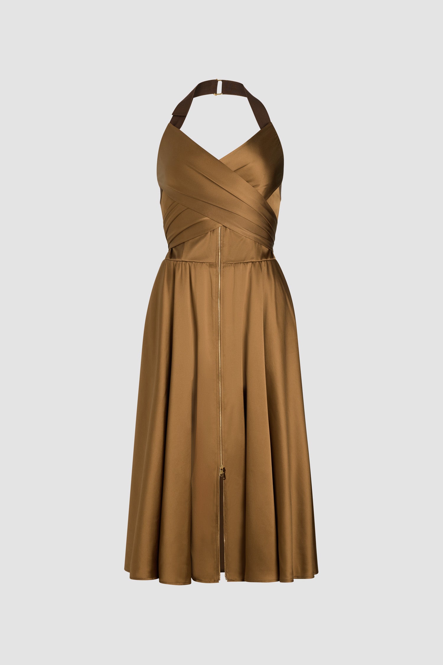 Patou robe midi satin halterneck Tobacco 38 drapée