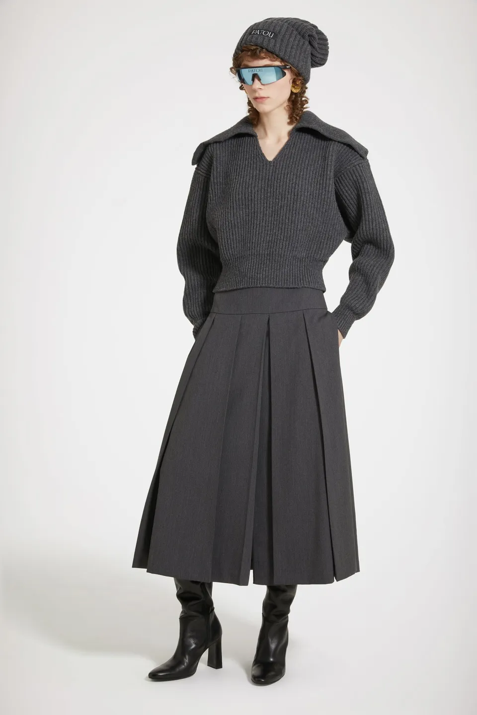 Patou SK049 Jupe Midi Anthracite Plissée Taille Basse
