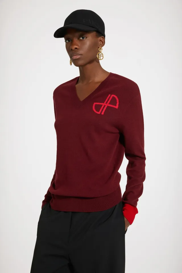 Patou KN132 pull col V laine cachemire bordeaux dahlia