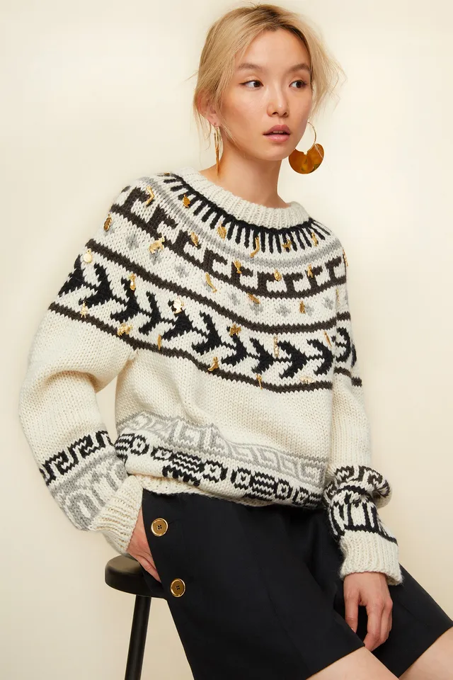Patou KN010 pull jacquard laine alpaga écru Ex Voto