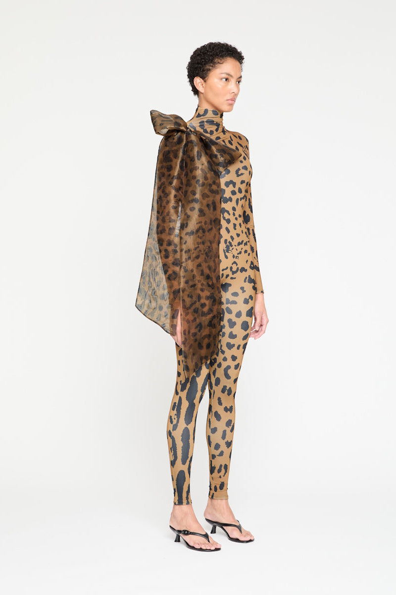 ATU Body Couture catsuit léopard tigre noeud épaule col montant