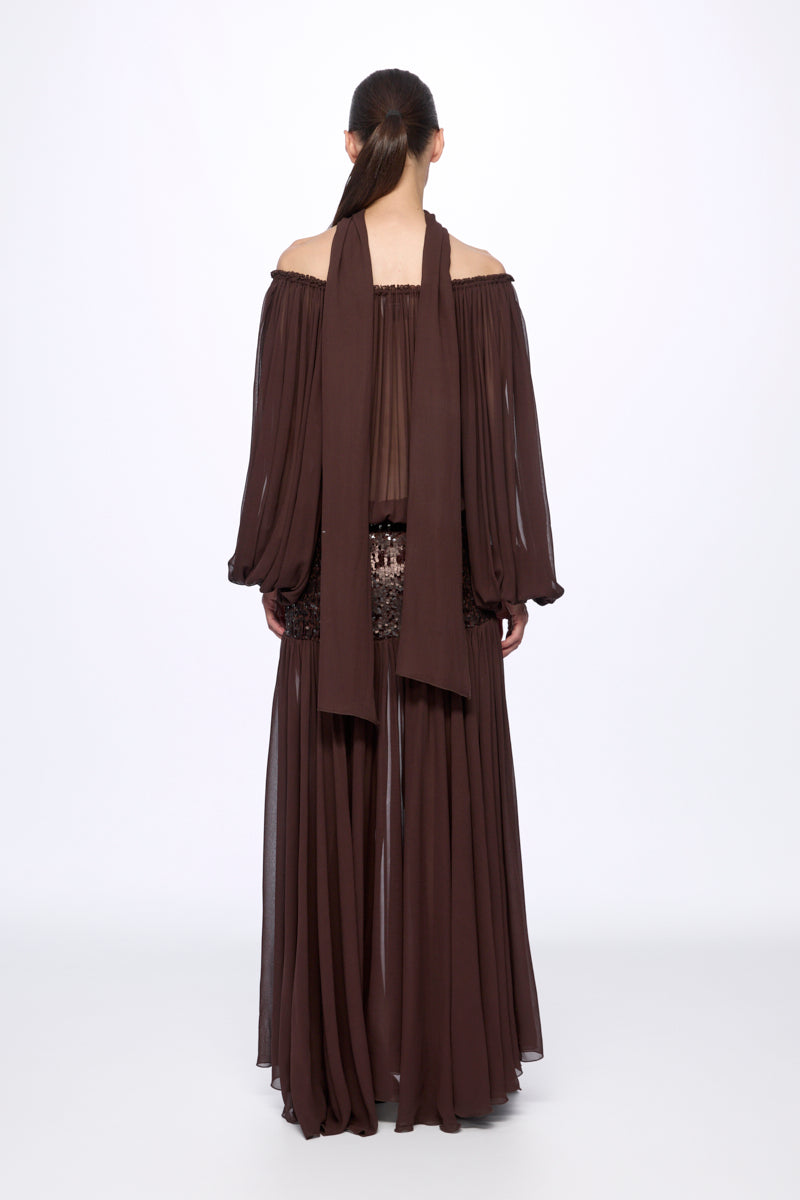 ATU Body Couture robe Sequin off-shoulder marron soie longue